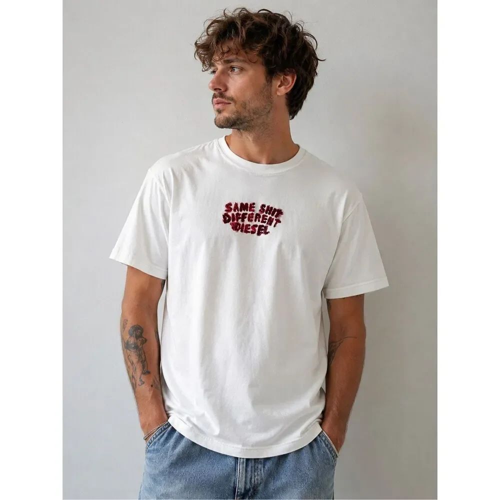 Diesel Rare Europe Exclusive Graphic T Shirt White Logo Print Cotton Size L